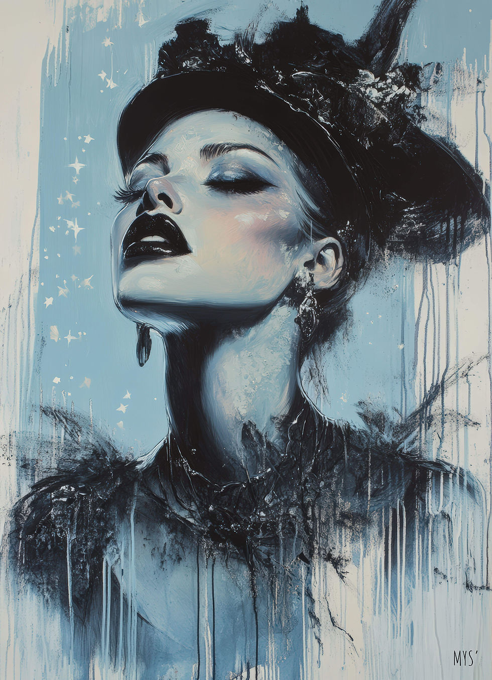 Une fille avec un chapeau haute couture et une robe à plumes