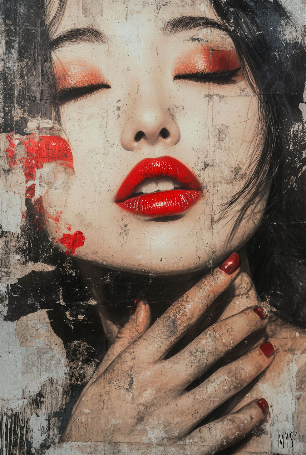 Tableau sur toile portrait de femme asiatique brun et rouge