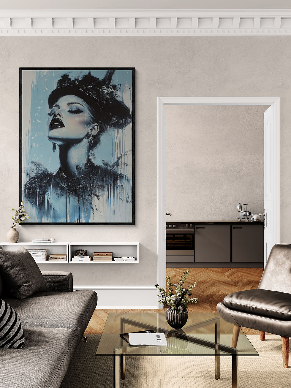 un tableau bleu et beige dans le salon