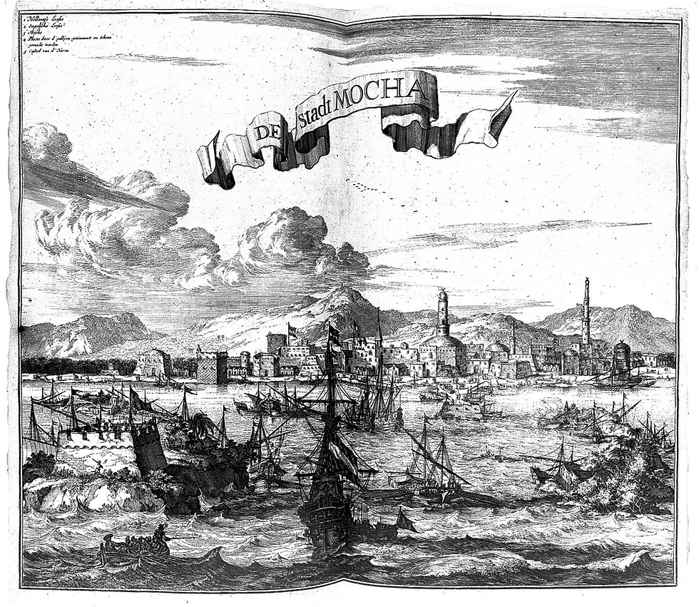 Kupferstich von Pierre van der Aa in Leiden, 1748, Zeigt die jemenitische Hafenstadt Mokka am Roten Meer, von wo der ursprünglich aus Äthiopien stammende Kaffee der Sorte Coffea arabica in alle Welt verschifft wurde.