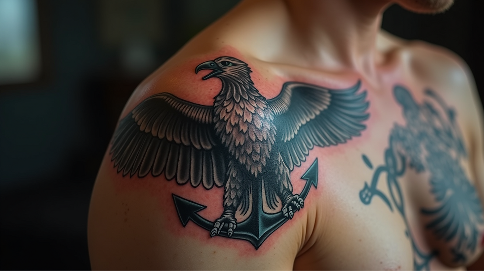 Tattoo of an eagle perched on an anchor on a person's shoulder. The skin is slightly red around the detailed black and gray design.