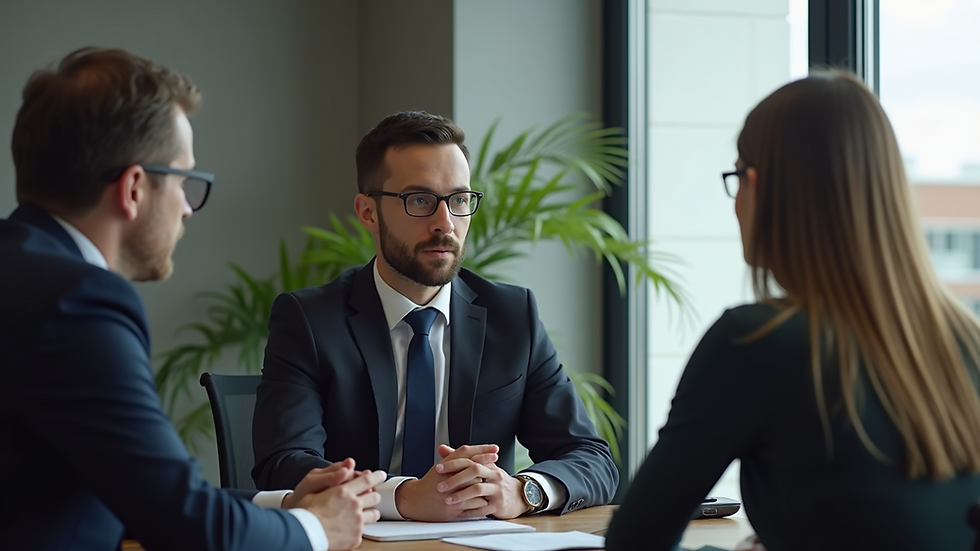 Eye-level view of a lawyer discussing a case with a client