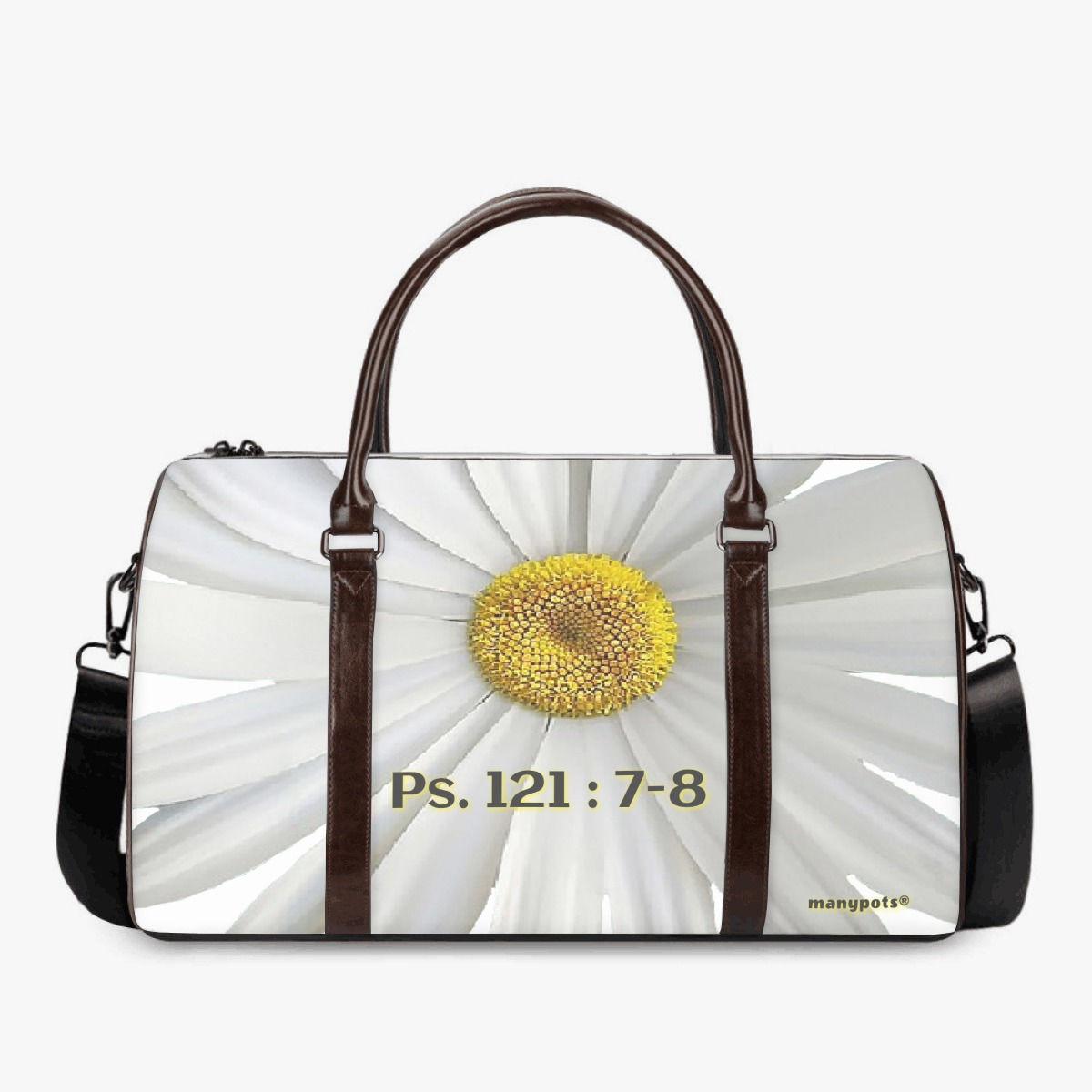 Women’s white daisy duffle luggage bag with Psalm 121:7–8 design, available in two sizes, Christian faith-based travel access