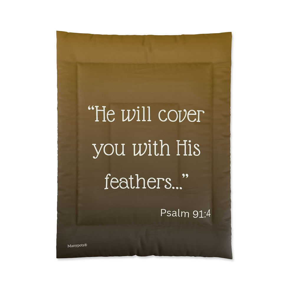 Thumbnail: Rich brown comforter with Psalm 91:4 design, Christian faith-based bedding from the Simple Flower® collection by ManyPots®.