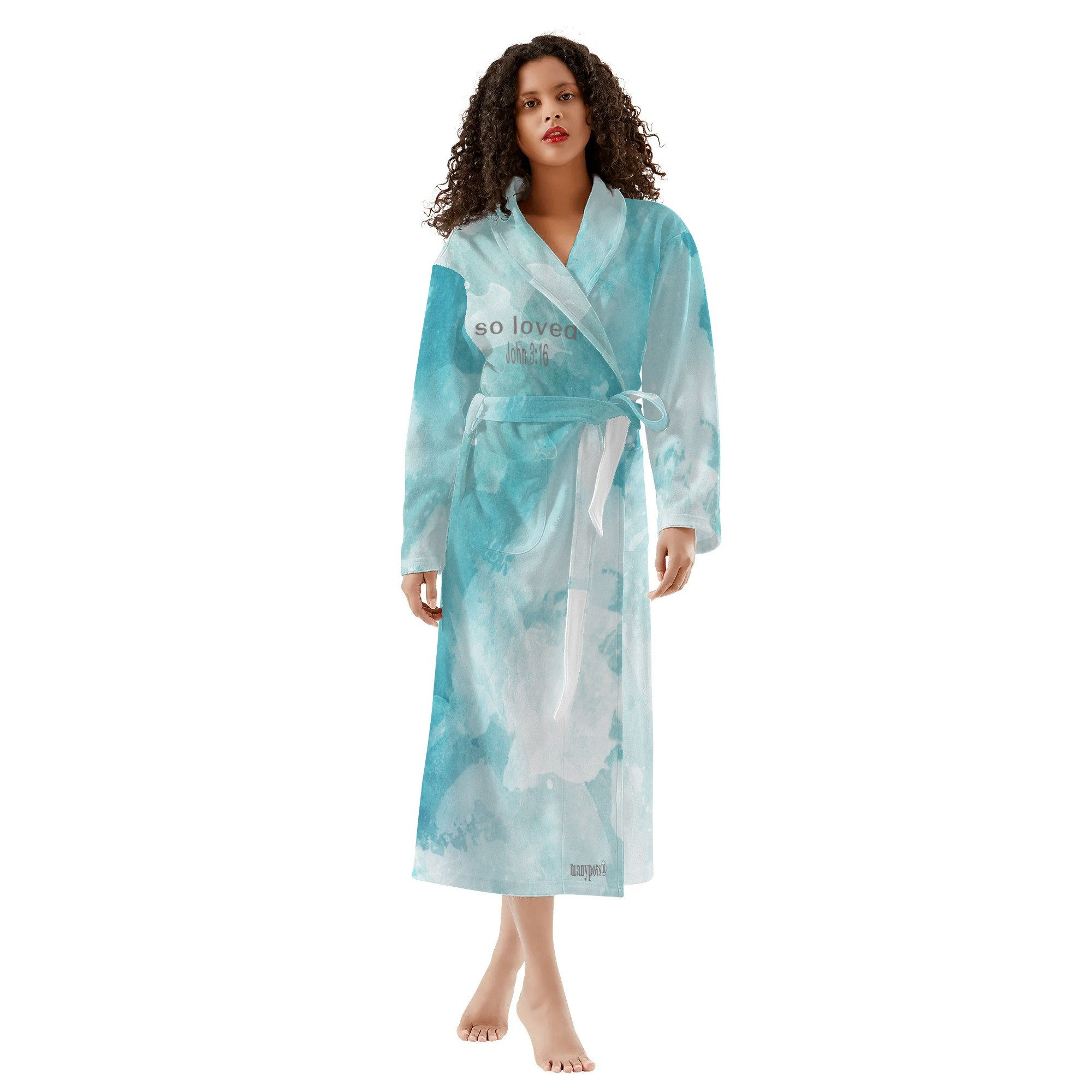 Light blue and white women’s robe with “So Loved” Christian design by G30™ for ManyPots®