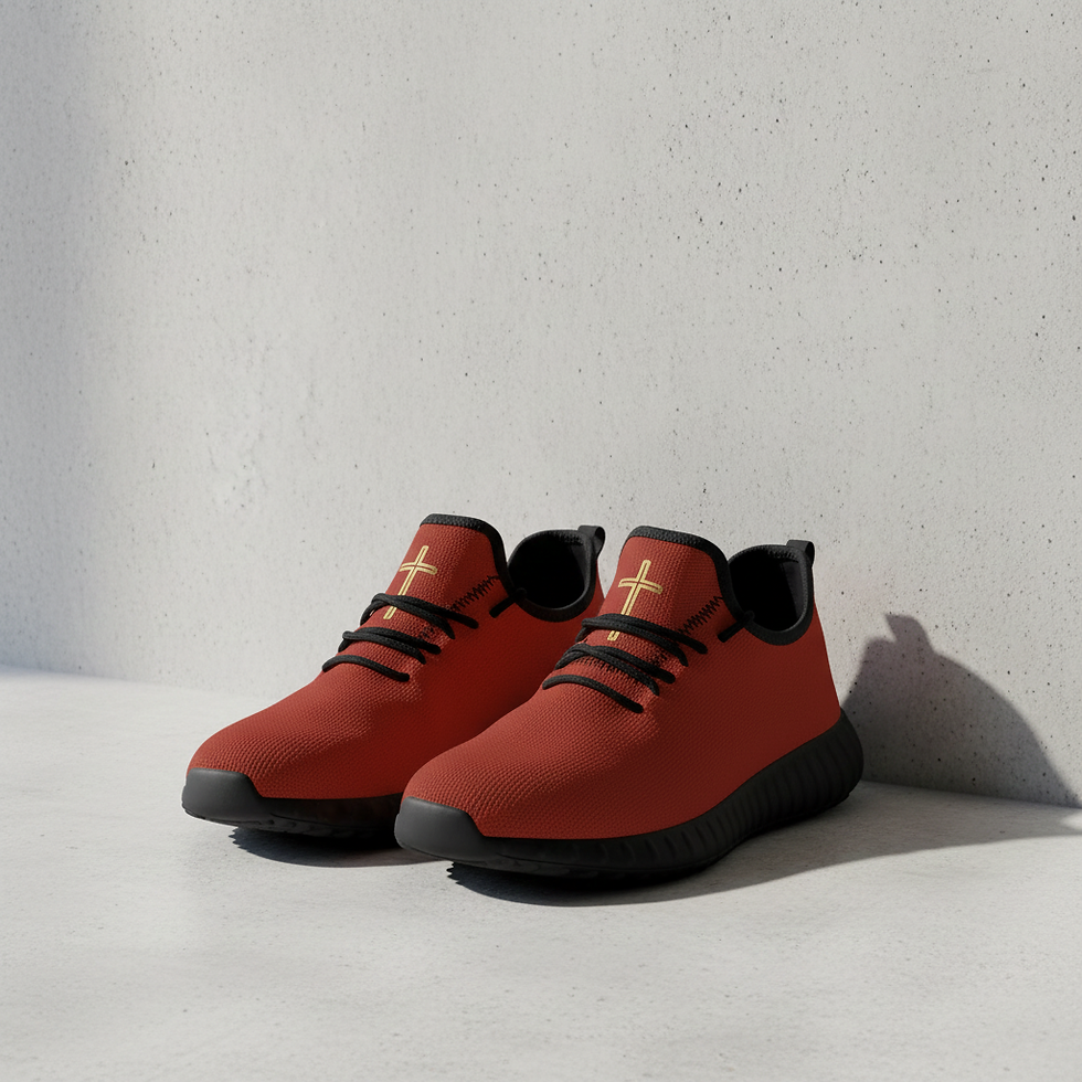 Thumbnail: **Alt Text:** Women’s red mesh knit shoes featuring “The Cross” design, Christian faith-based footwear by G30™ for H.B.A.T.F.