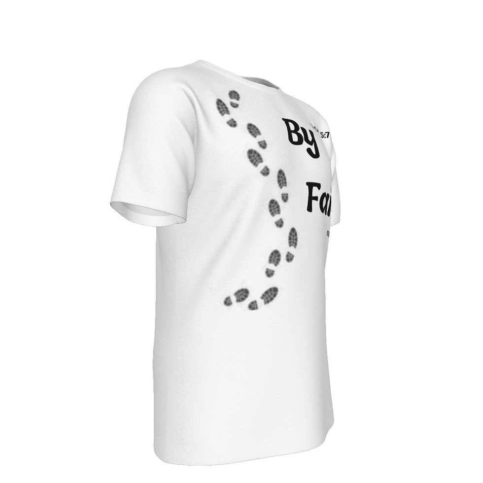 Thumbnail: White men’s cotton T-shirt with “Walk by Faith” 2 Corinthians 5:7 Christian design by ManyPots®