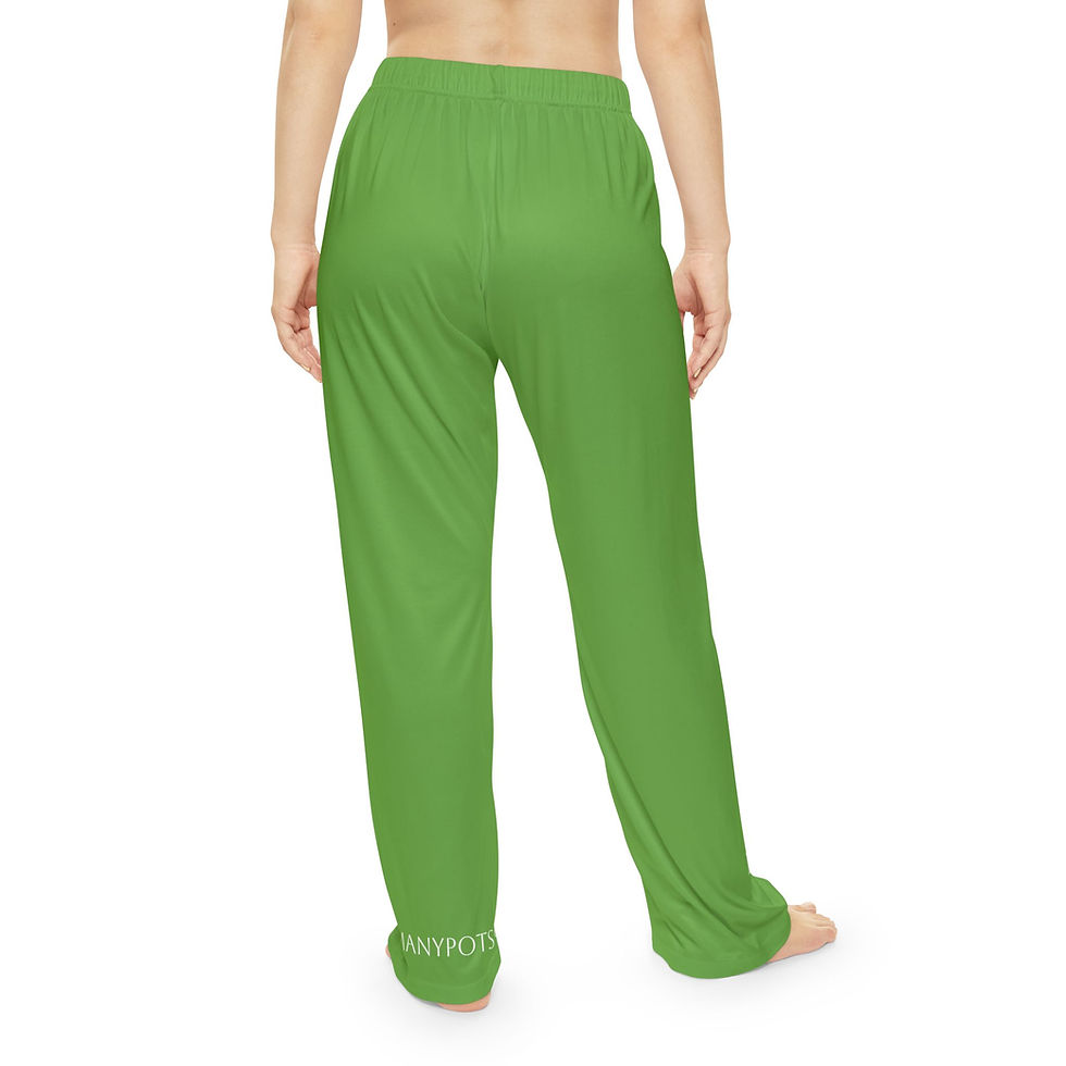Thumbnail: Green women’s pajama pants with “Covered” Romans 5:9 Christian design by G30™ for ManyPots®