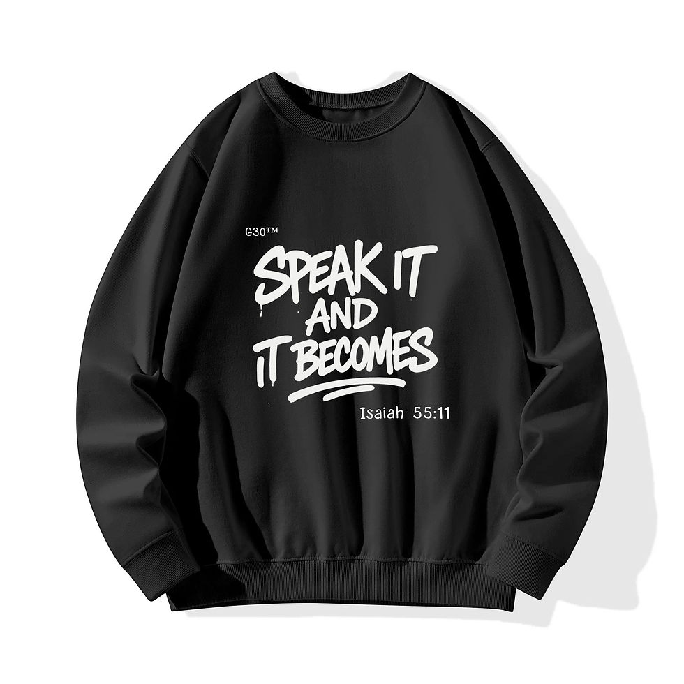 Thumbnail: Black unisex cotton sweatshirt with “Speak It and It Becomes” Isaiah 55:11 Christian design by ManyPots®