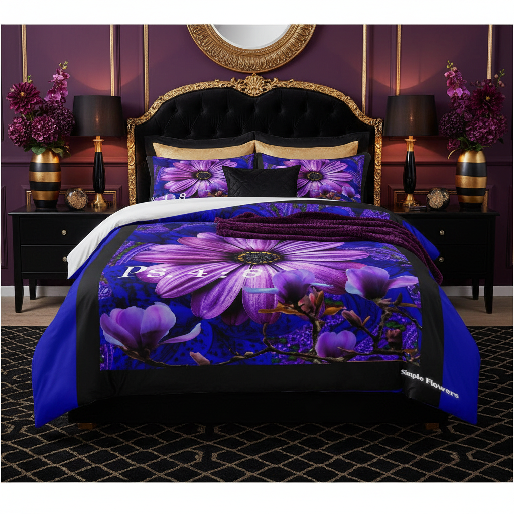King-size purple floral 3-piece comforter cover set with Psalm 4:8 design, Christian faith-based bedding from the Simple Flow