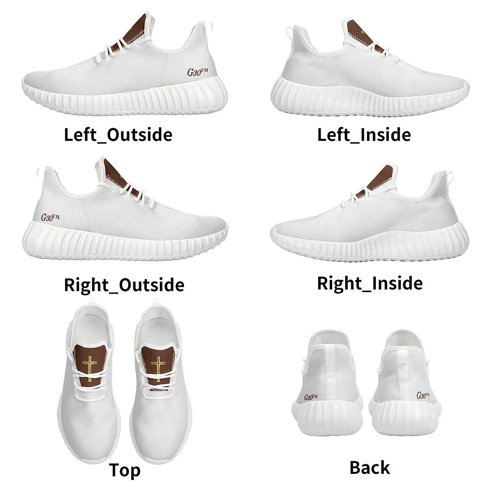 Thumbnail: Men’s white and brown mesh knit shoes with “The Cross” design, Christian faith-based footwear by G30™ for H.B.A.T.F.®.