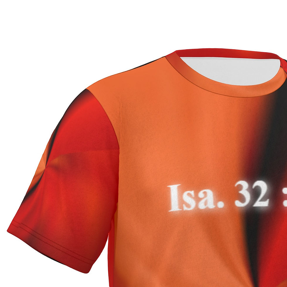 Thumbnail: Red men’s T-shirt with Isaiah 32:18 Christian design by ManyPots®, matching shorts available