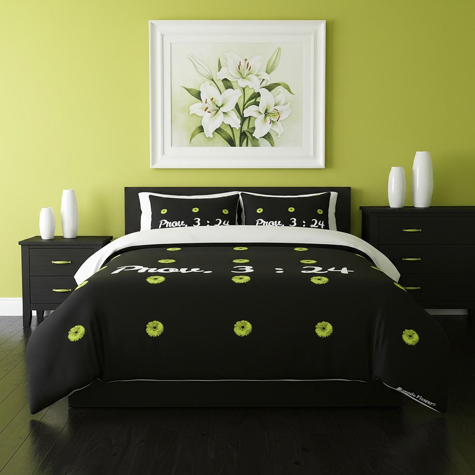 King-size black floral 3-piece comforter cover set with Proverbs 3:24 design, Christian faith-based bedding from the Simple F