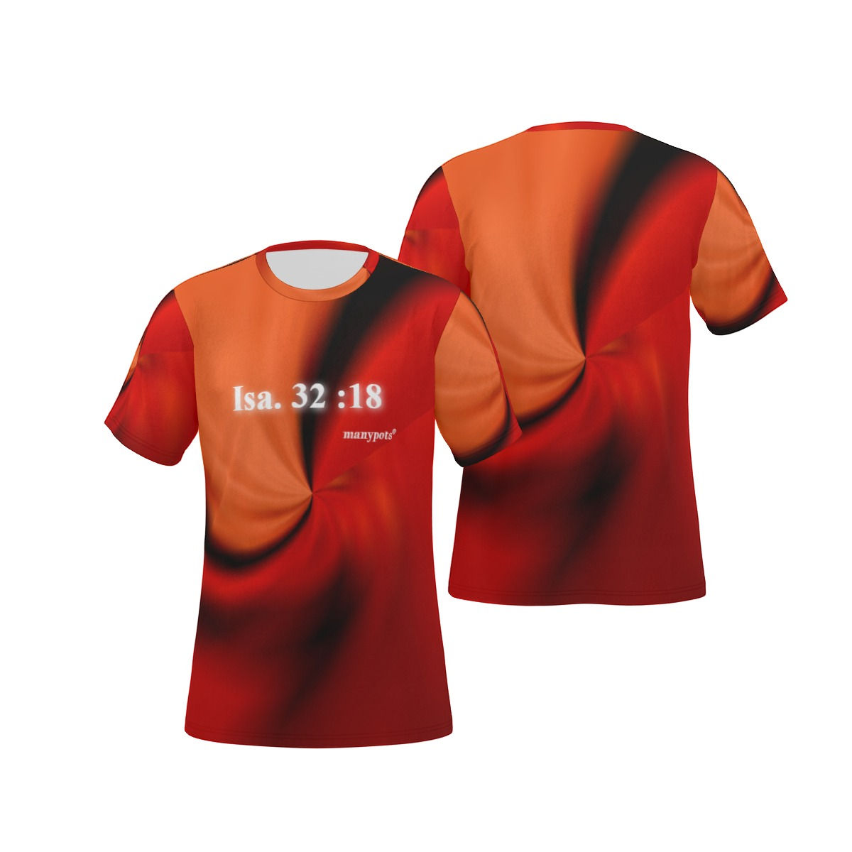 Red men’s T-shirt with Isaiah 32:18 Christian design by ManyPots®, matching shorts available