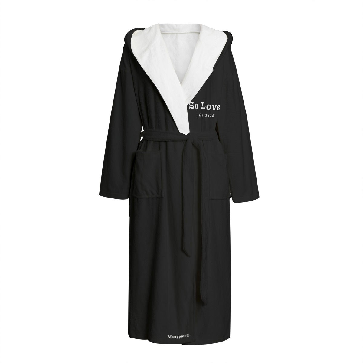 Black hooded women’s robe with “So Loved” John 3:16 Christian design by ManyPots®