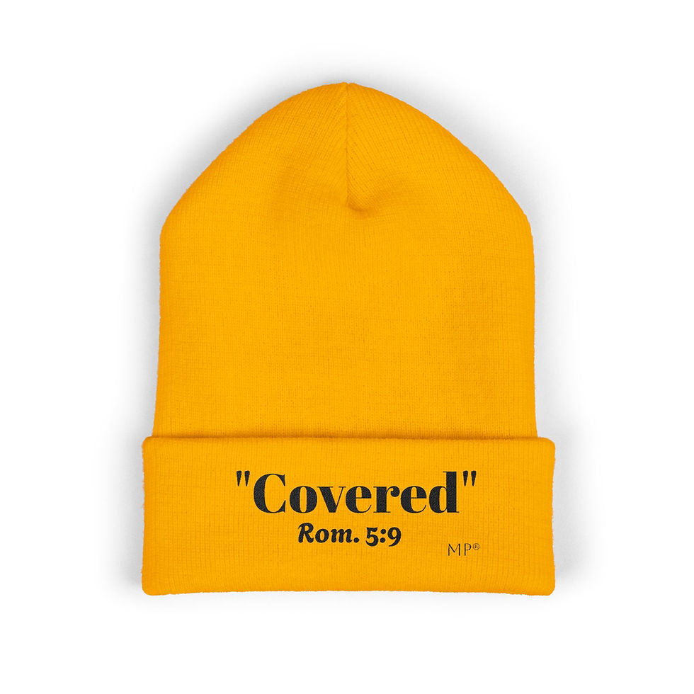 Thumbnail: Men’s and women’s white beanie hat with “Covered” and Romans 5:9 design, available in different colors, Christian faith-based