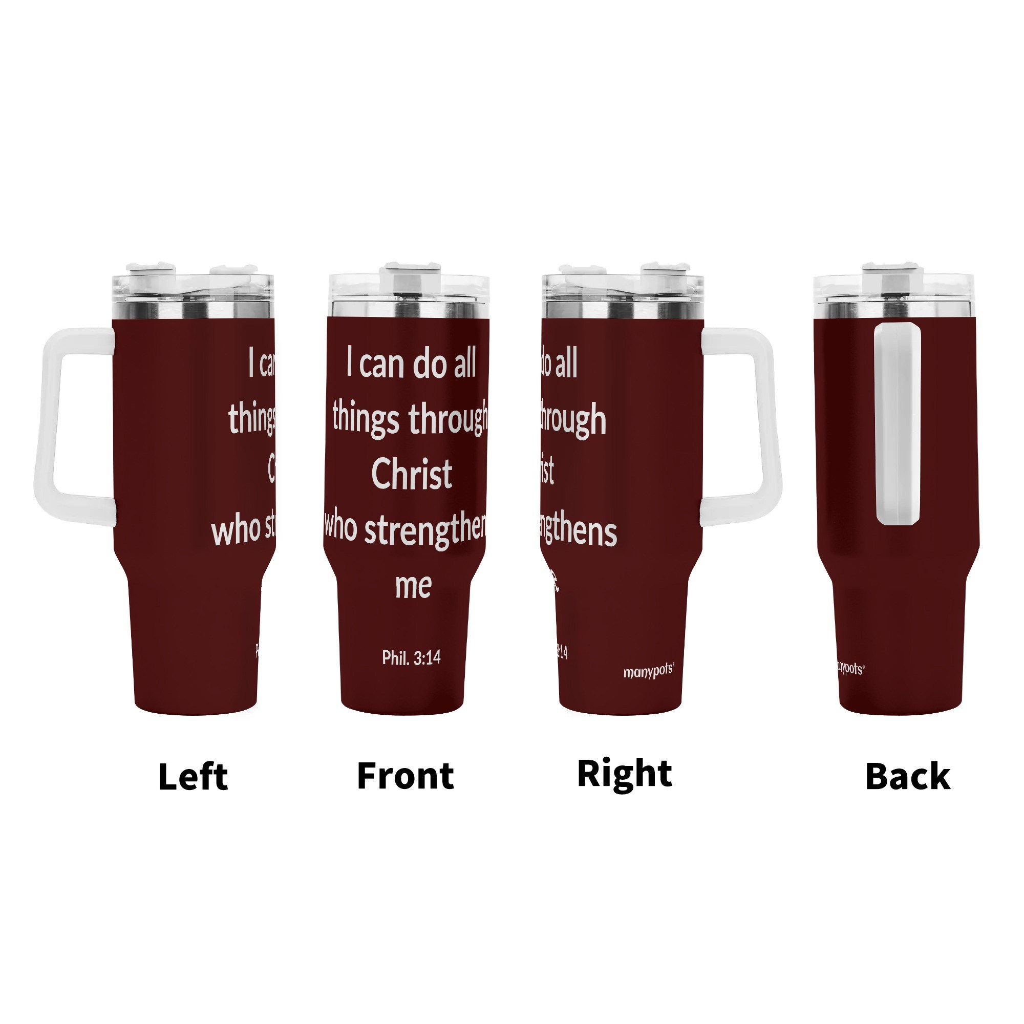 Dark red 40oz stainless steel tumbler with Philippians 3:14 design, Christian faith-based drinkware by Abundant Life™.