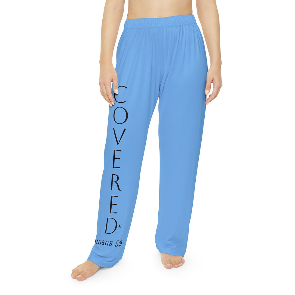 Thumbnail: Light blue women’s pajama pants with “Covered” Romans 5:9 Christian design by G30™ for ManyPots®