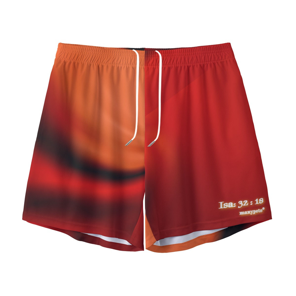 Men’s red marble shorts with Isaiah 32:18 design, available in various sizes, Christian faith-based apparel by ManyPots®.