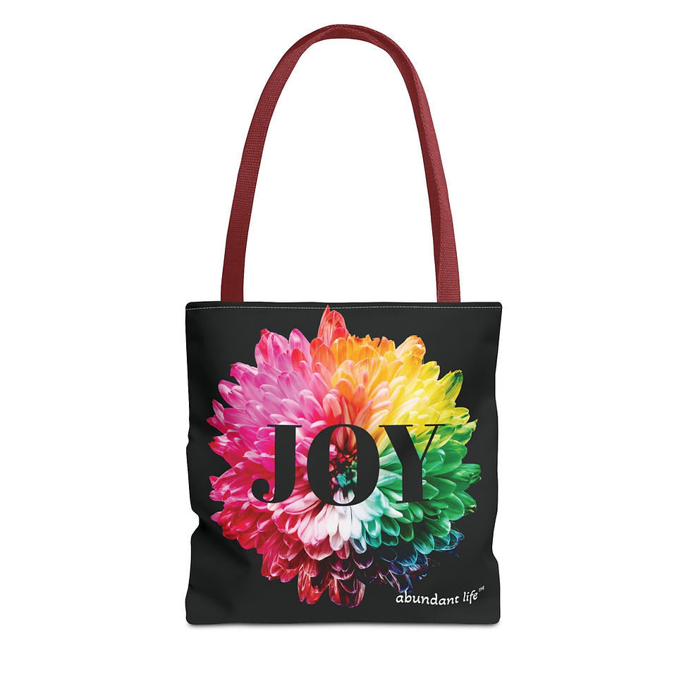 Thumbnail: Black tote bag with “Joy” design, Christian faith-based accessory by Abundant Life™ for ManyPots®.