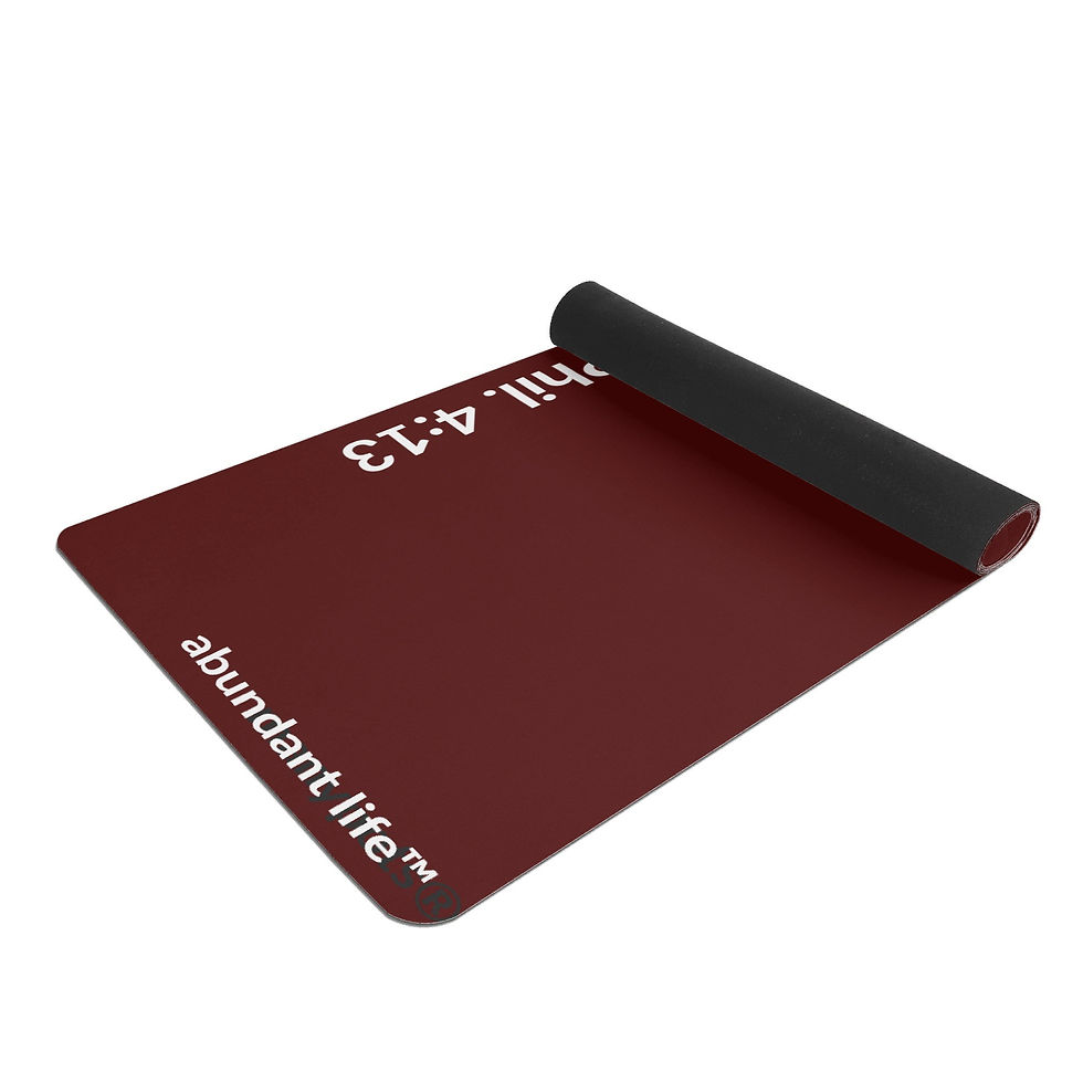 Thumbnail: Dark red rubber yoga mat with “I Can Do All Things” and Philippians 4:13 design, Christian faith-based fitness accessory by M