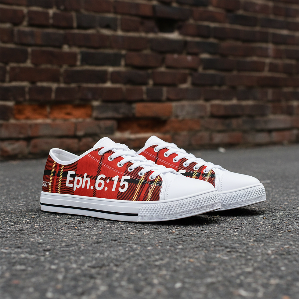 Thumbnail: **Alt Text:** Women’s red and black low-top canvas shoes with Ephesians 3:16 design, Christian faith-based footwear by G30™ f