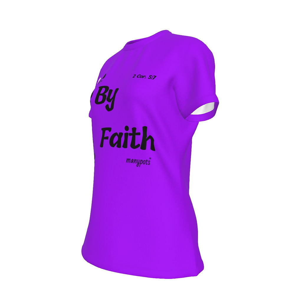 Thumbnail: Purple women’s cotton T-shirt with “Walk by Faith” 2 Corinthians 5:7 Christian design by ManyPots®