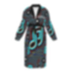 **Alt Text:** Men’s black fleece robe with “Loved” and Zechariah 3:3–9 design featuring music notes, Christian faith-based ap