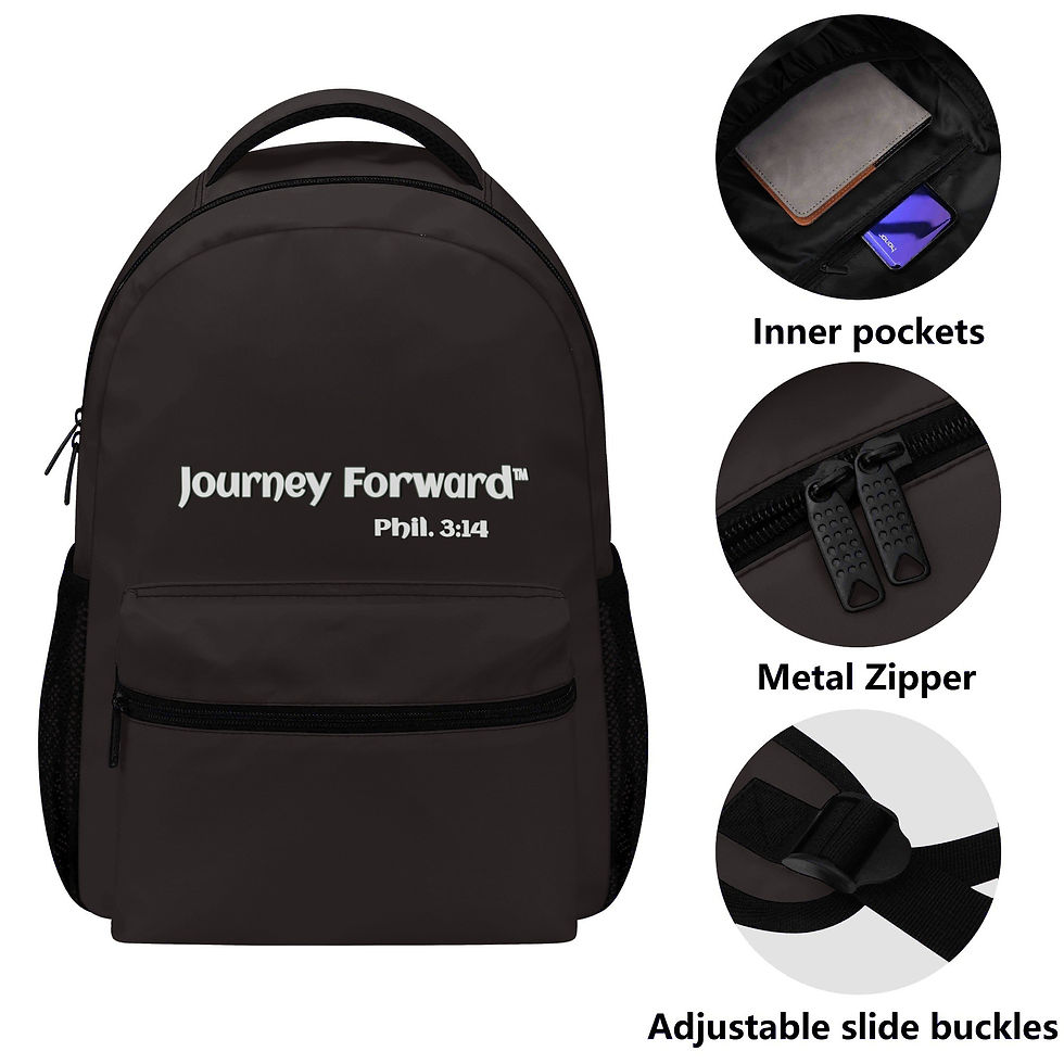 Thumbnail: Brown backpack with Philippians 3:14 design, Christian faith-based accessory by Journey Forward™.