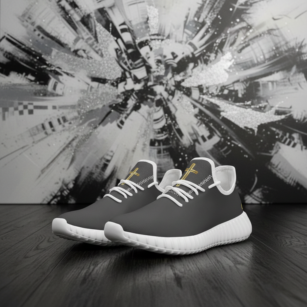 **Alt Text:** Women’s grey mesh knit shoes with “The Cross” design, Christian faith-based footwear by G30™ for H.B.A.T.F.®.