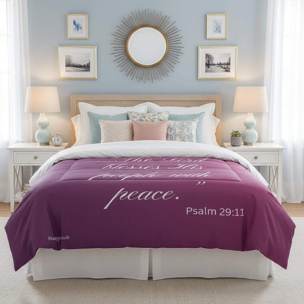 Pink comforter with Psalm 29:11 design, Christian faith-based bedding from the Simple Flower® collection by ManyPots®.