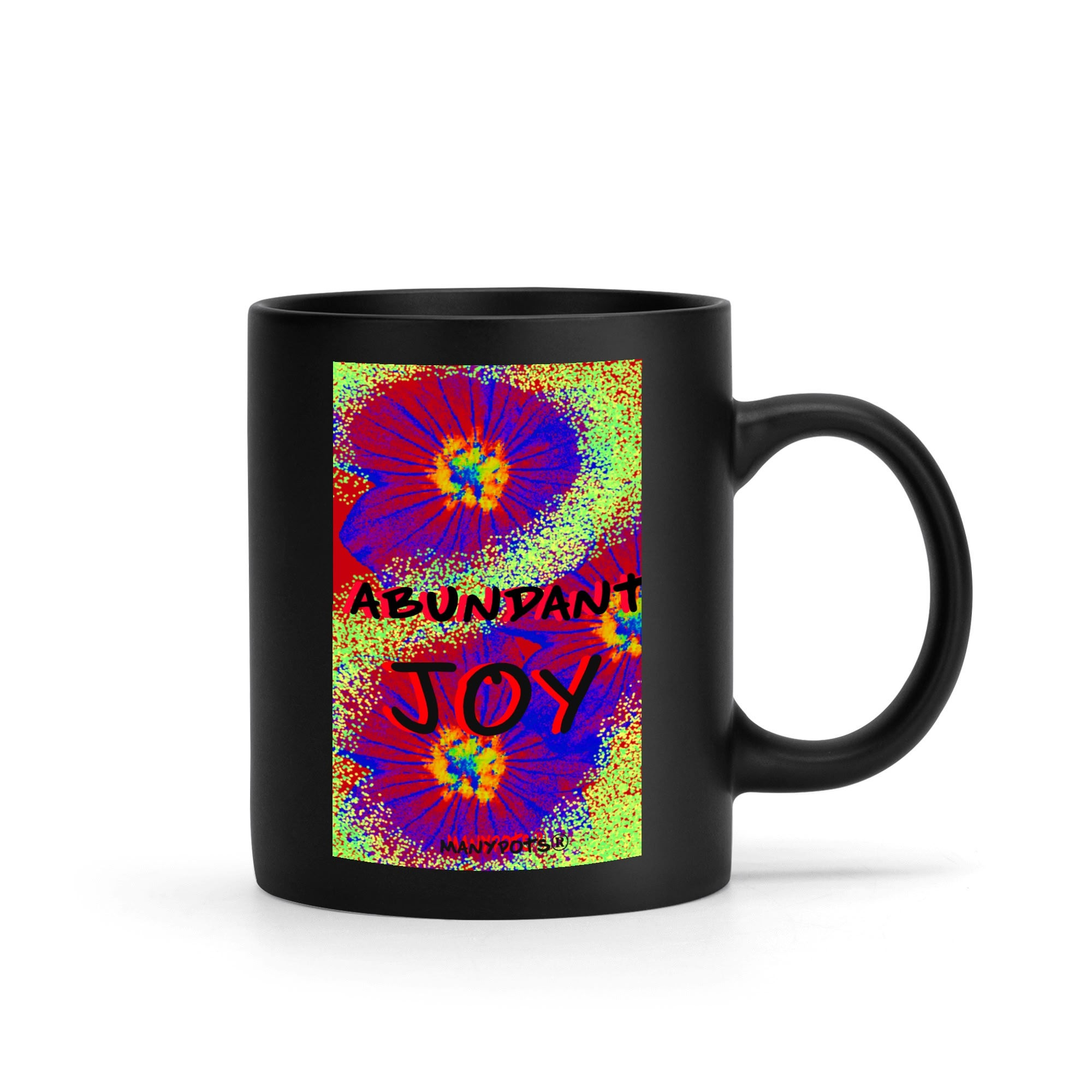 Black coffee mug with “Abundant JOY” design, Christian faith-based drinkware by ManyPots®.