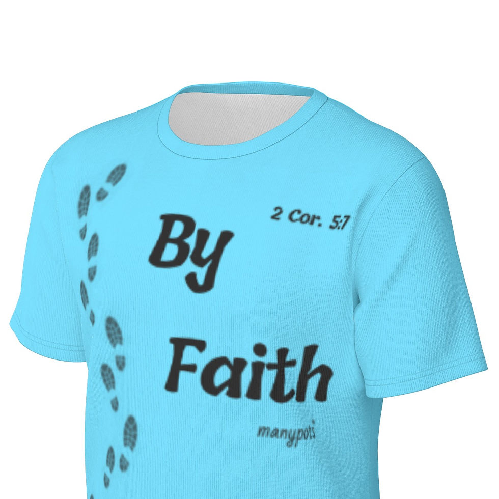 Thumbnail: Blue men’s cotton T-shirt with “Walk by Faith” 2 Corinthians 5:7 Christian design by ManyPots®