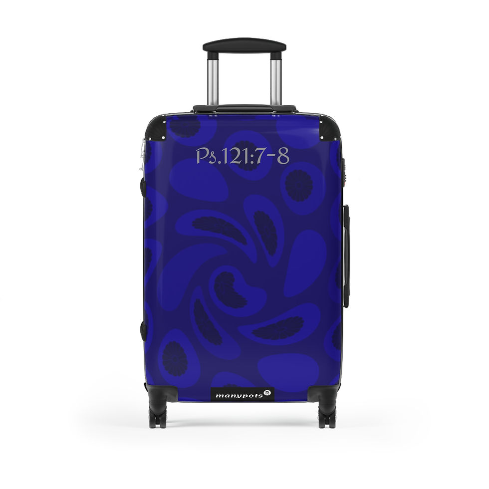 Thumbnail: Blue polycarbonate luggage suitcase set with Psalm 121:7–8 design, available in three sizes, Christian faith-based travel col