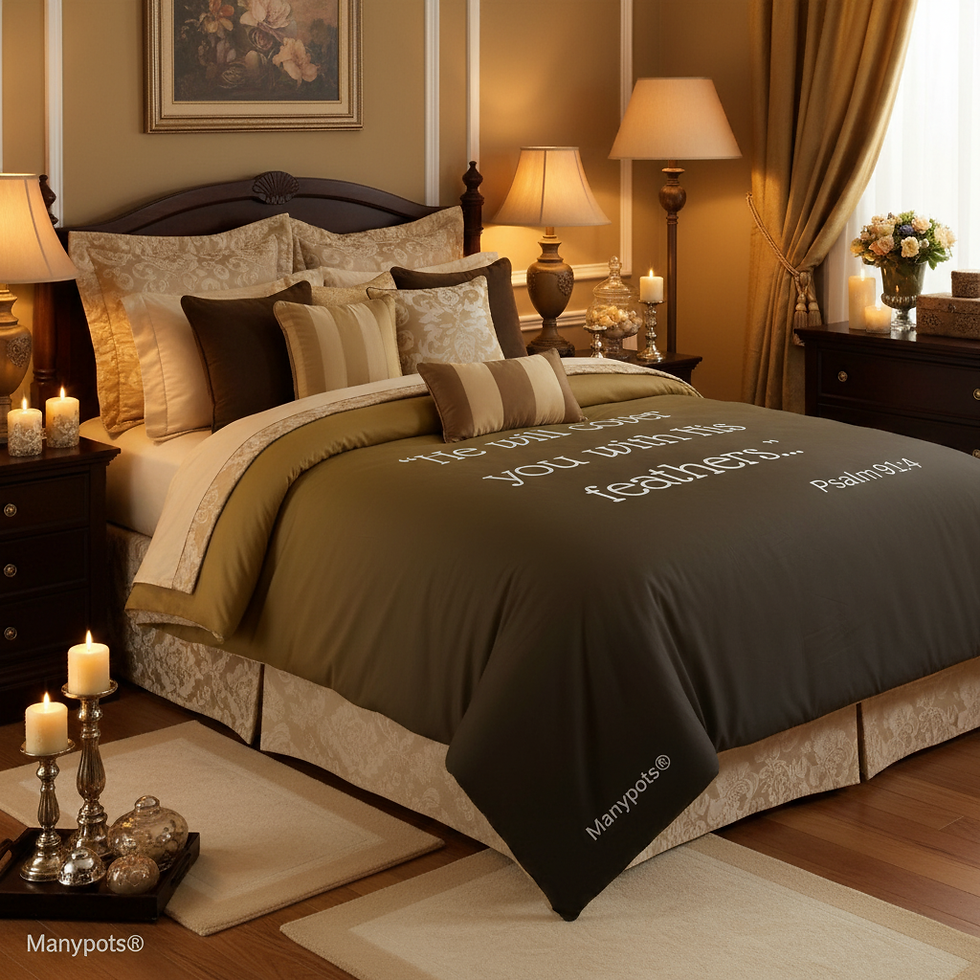 Rich brown comforter with Psalm 91:4 design, Christian faith-based bedding from the Simple Flower® collection by ManyPots®.