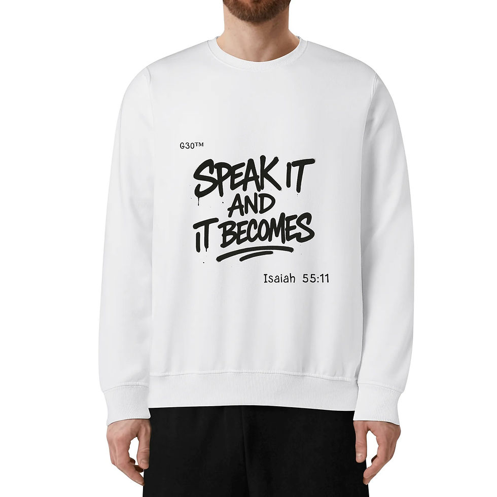 Thumbnail: Grey unisex cotton sweatshirt with “Speak It and It Becomes” Isaiah 55:11 Christian design by ManyPots®