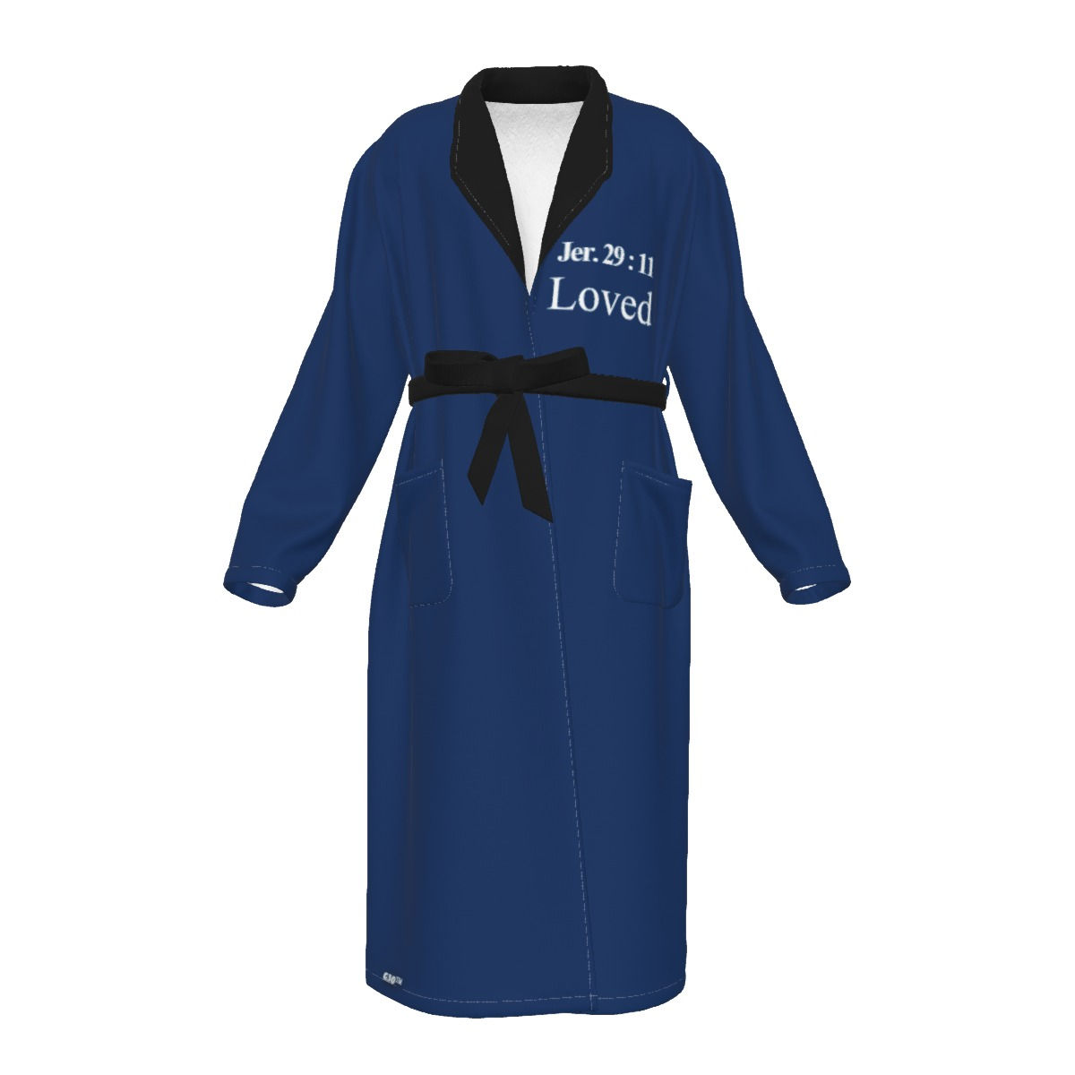 **Alt Text:** Men’s blue heavy fleece robe with “Loved” and Jeremiah 29:11 design, Christian faith-based apparel by G30™.