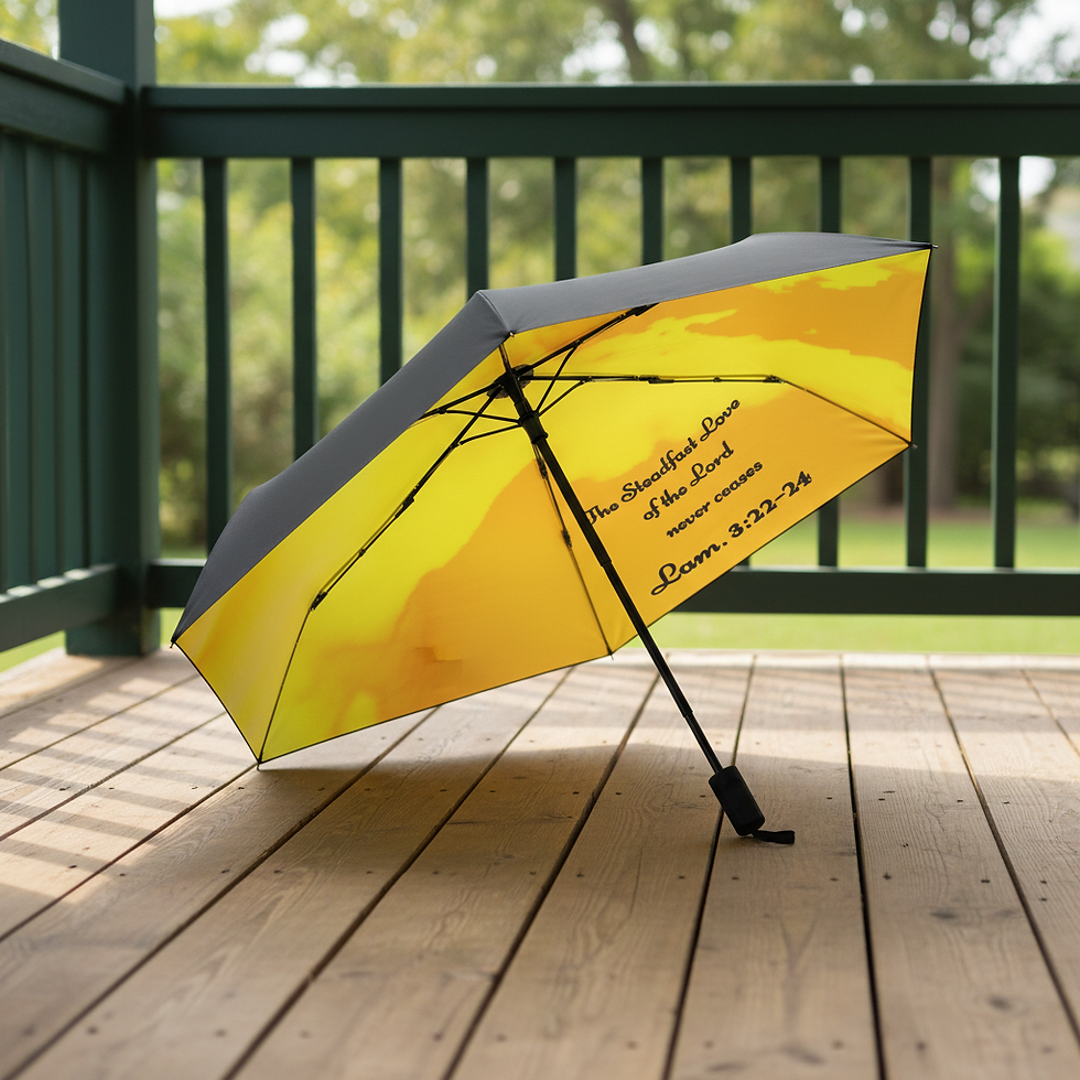 Yellow manual folding umbrella with “The Steadfast Love” and Lamentations 3:22–24 design, Christian faith-based accessory by