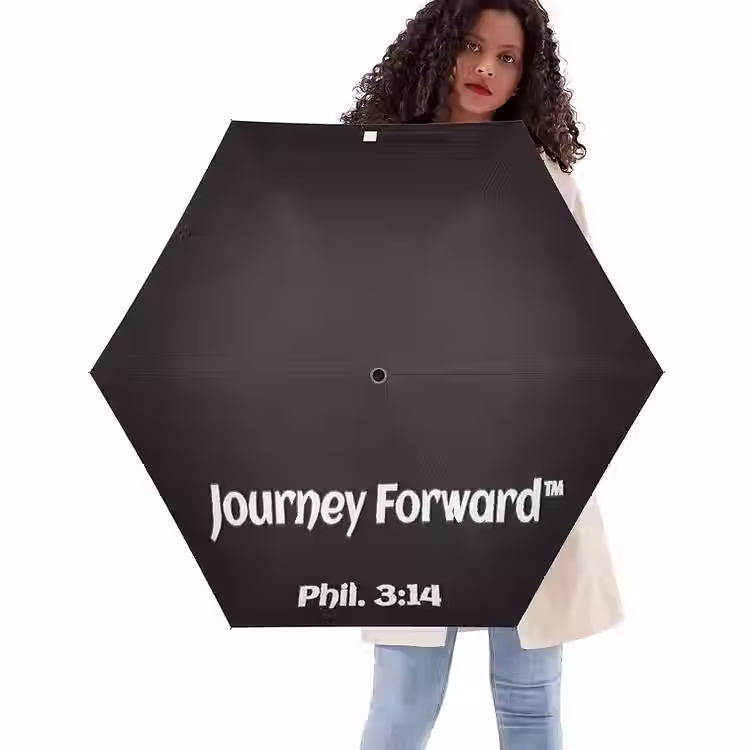 Thumbnail: Brown backpack with Philippians 3:14 design, Christian faith-based accessory by Journey Forward™.
