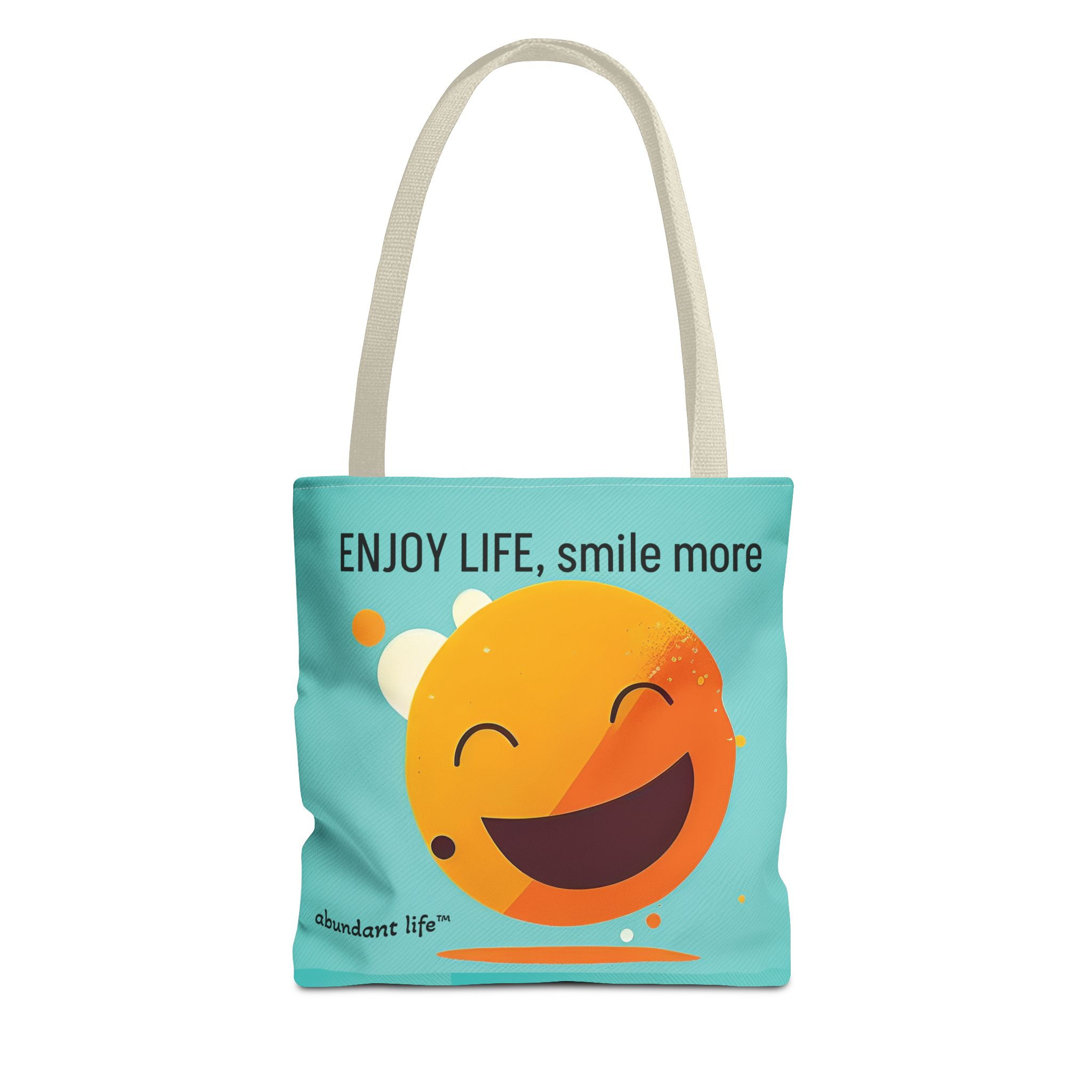 Aqua green tote bag with “Enjoy Life, Smile More” and smiley design, Christian faith-inspired accessory by Abundant Life™.