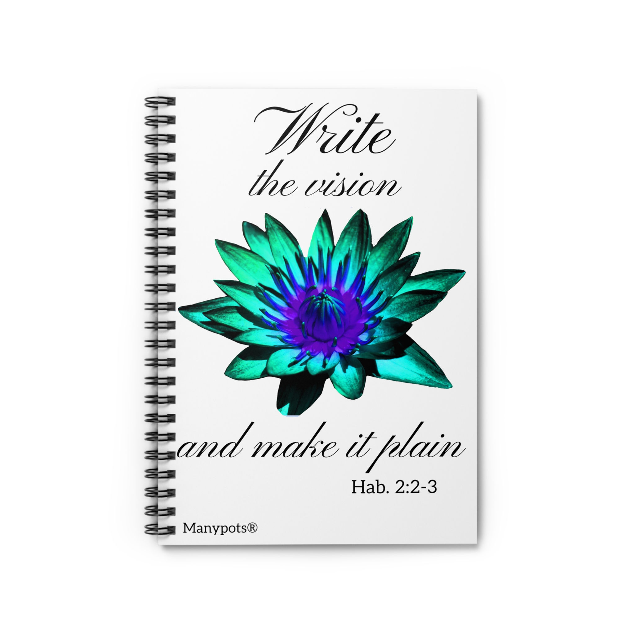 White floral spiral notebook with “Write the Vision” design, ruled line pages, Christian faith-based stationery by ManyPots®.