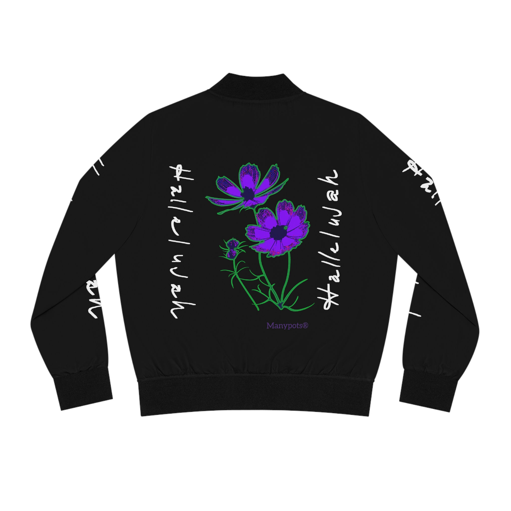 Black women’s bomber jacket with purple flower and “Hallelujah” Christian message by ManyPots®