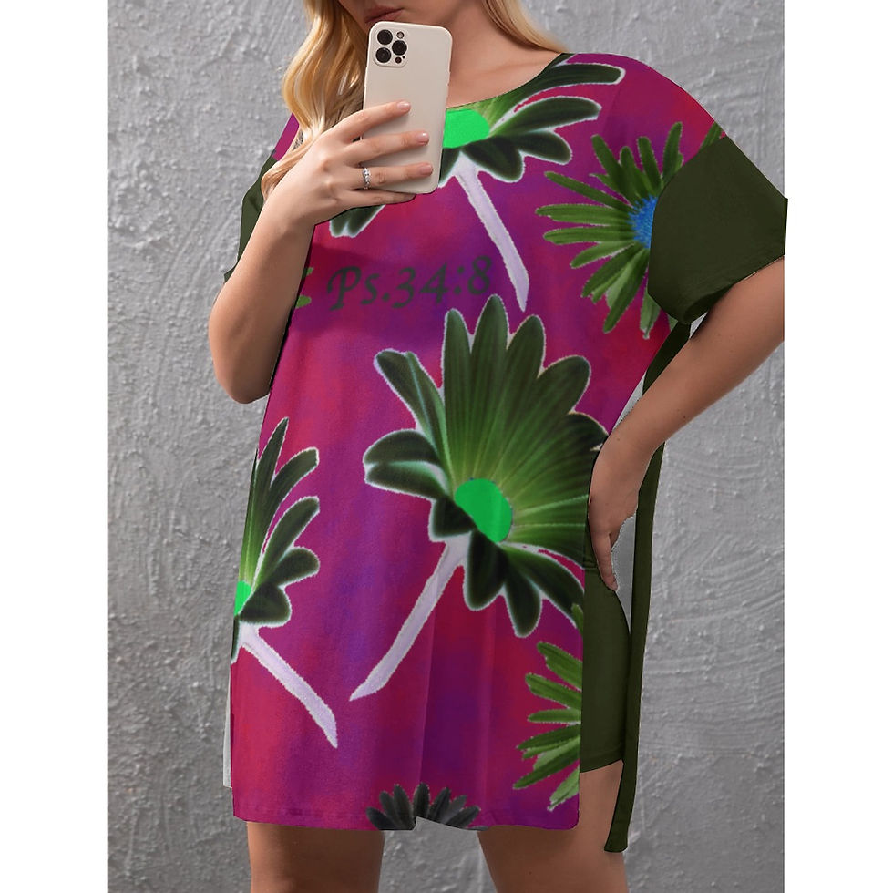 Thumbnail: Green women’s side-split T-shirt and shorts pajama set with Psalm 34:8 Christian design by G30™ for ManyPots®