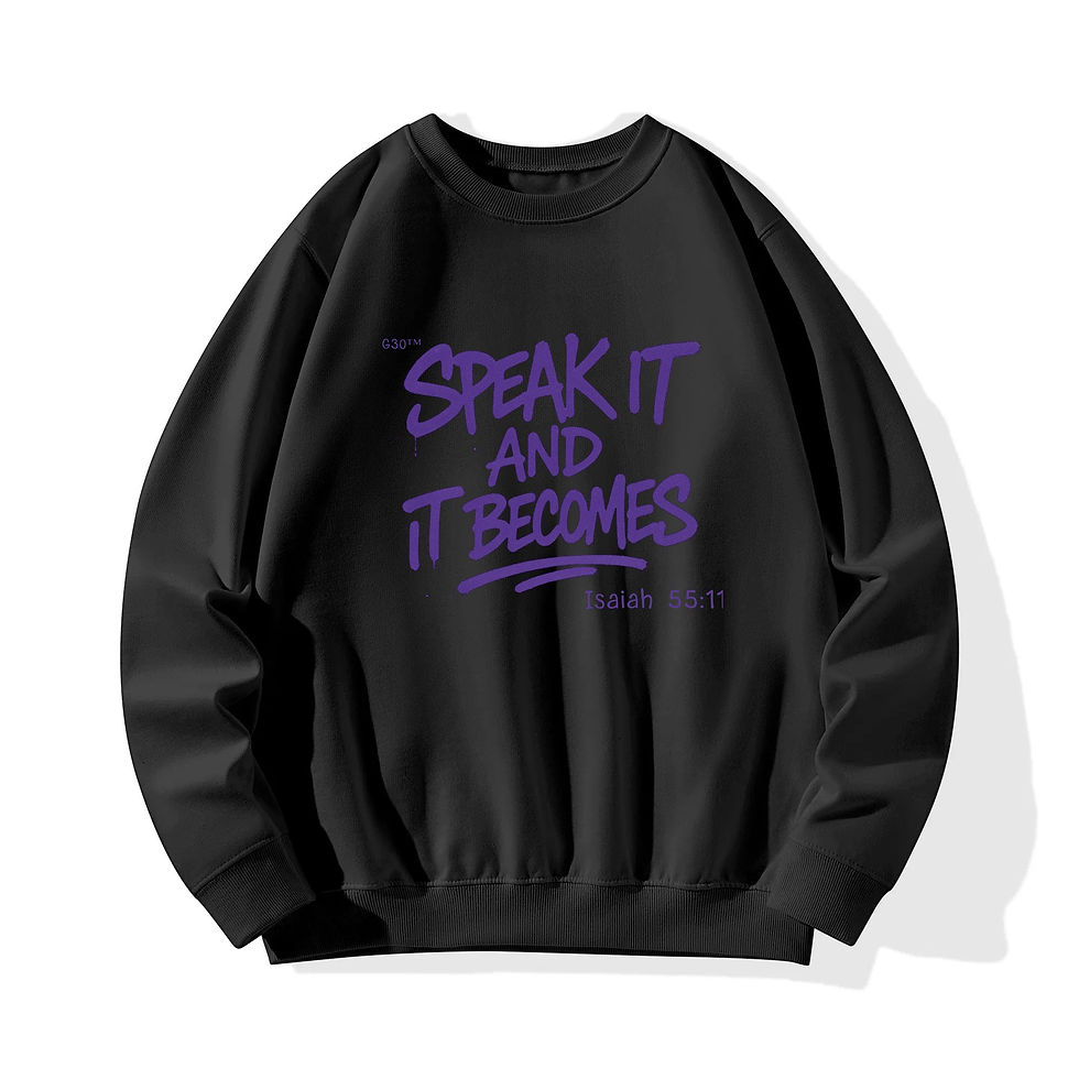 Thumbnail: White unisex cotton sweatshirt with “Speak It and It Becomes” Isaiah 55:11 Christian design by ManyPots®
