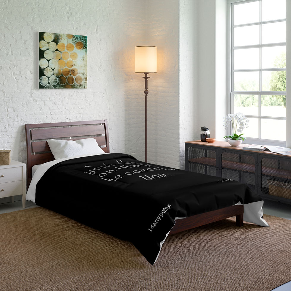 Thumbnail: Black comforter with 1 Peter 5:7 design, Christian faith-based bedding from the Simple Flower® collection by ManyPots®.