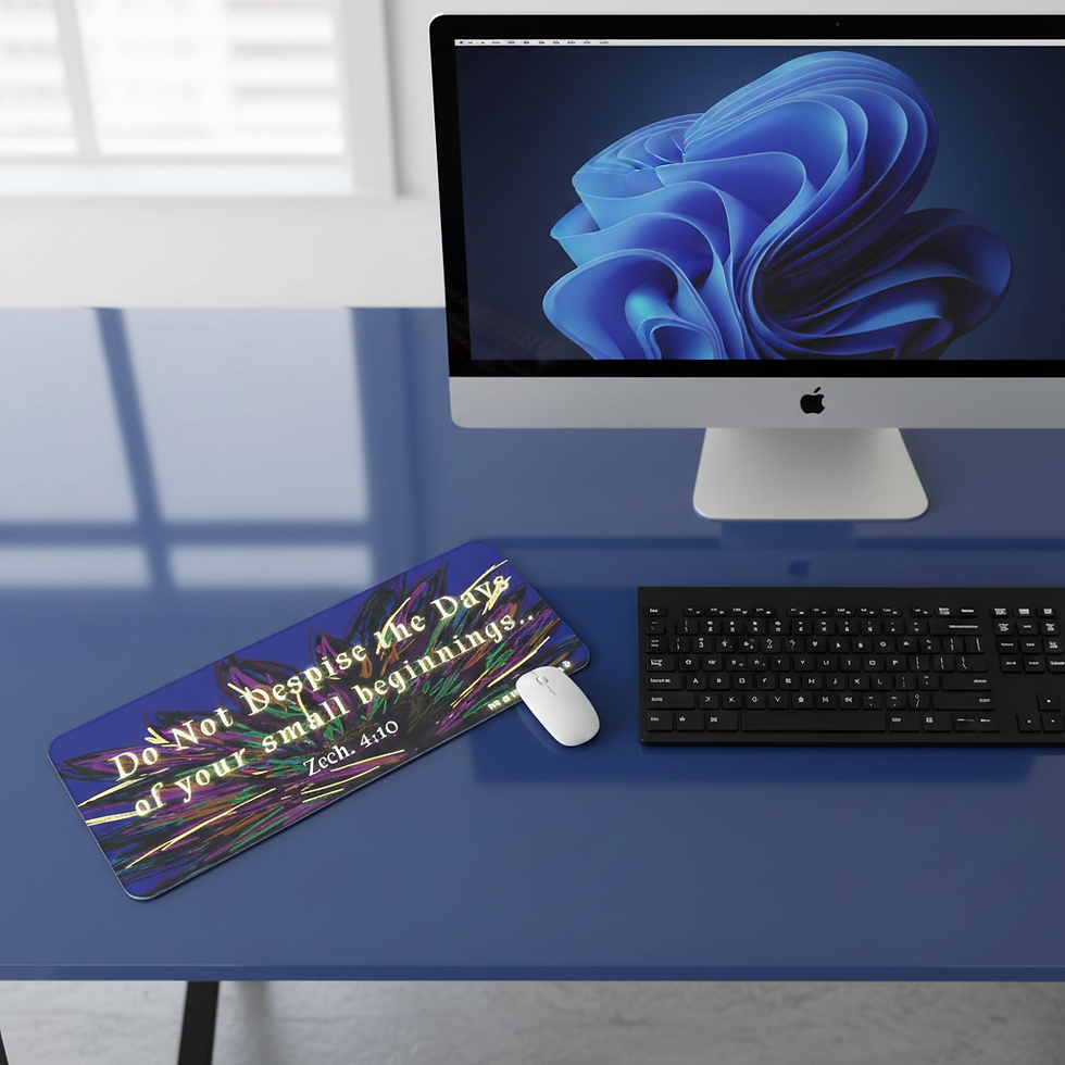 **Alt Text:** Blue computer mouse pad with “Do Not Despise the Days...” and Zechariah 4:10 design, faith-based inspirational