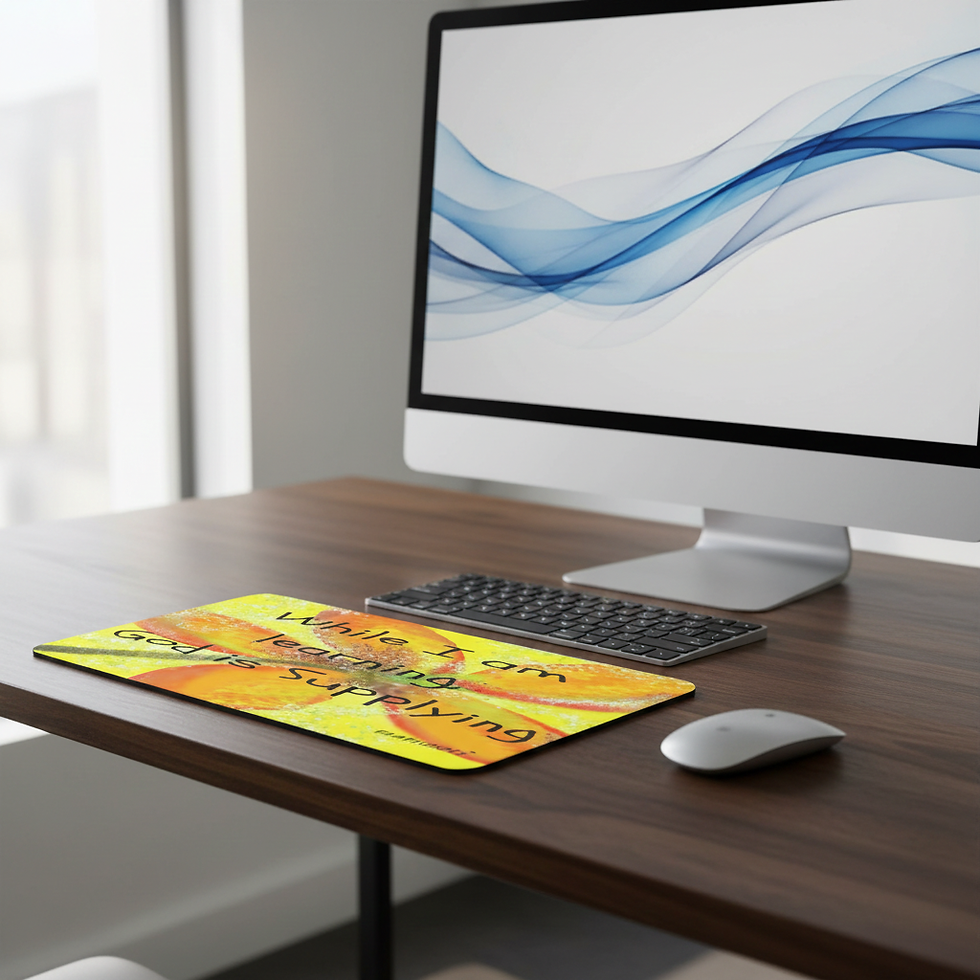 **Alt Text:** Yellow computer mouse pad with “While I Am Learning, God Is Supplying” inspirational faith-based design by Many