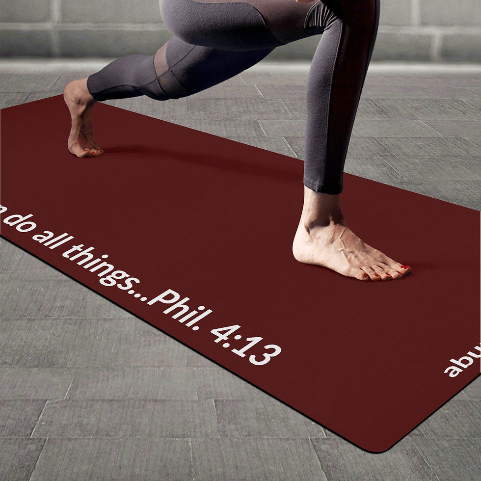 Thumbnail: Dark red rubber yoga mat with “I Can Do All Things” and Philippians 4:13 design, Christian faith-based fitness accessory by M