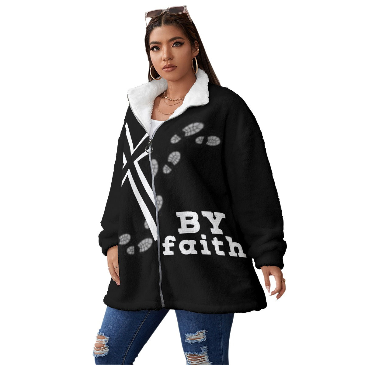 Black women’s borg fleece jacket with “By Faith” Christian design by G30™ for ManyPots®