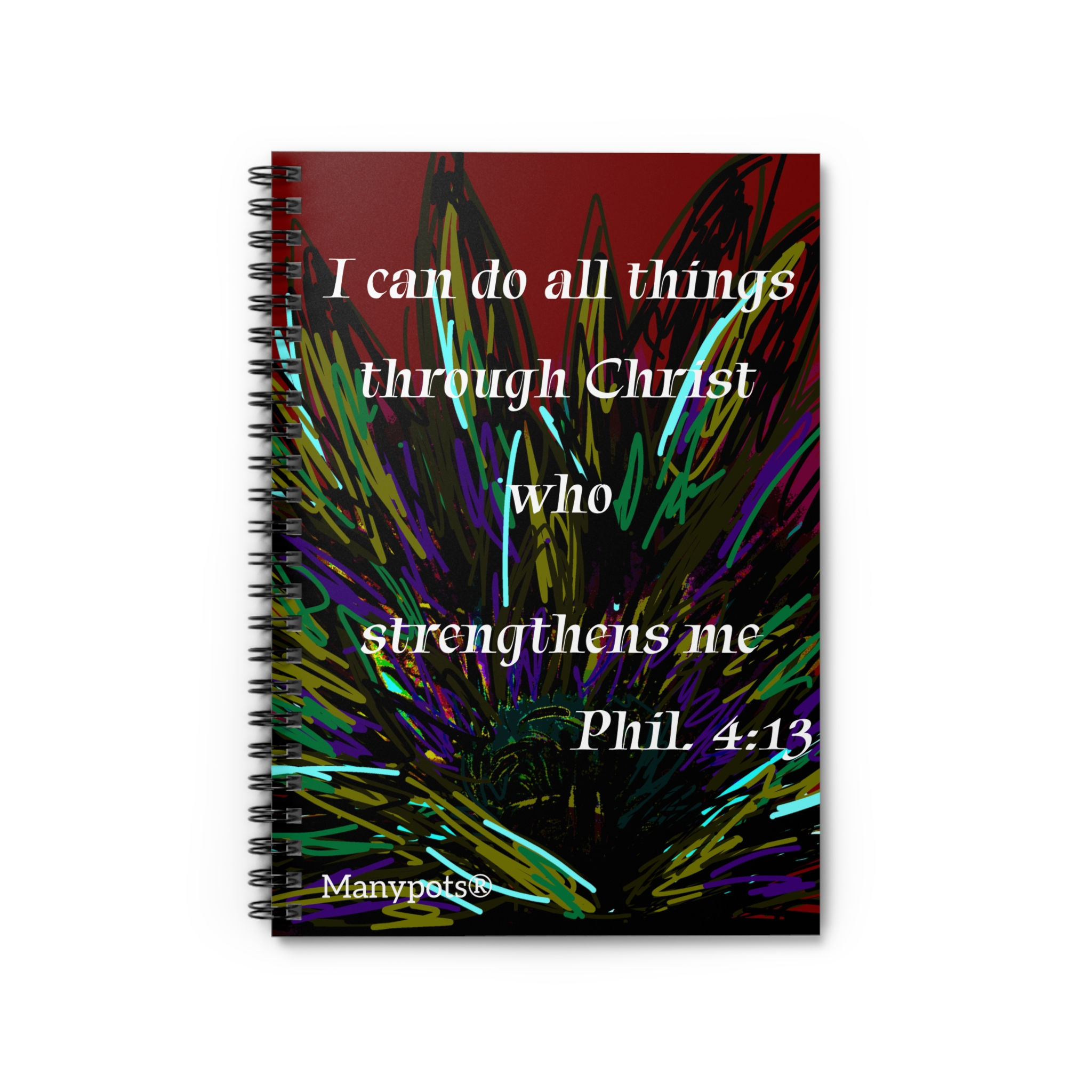 Red spiral notebook with “I Can Do All Things” and Philippians 4:13 design, ruled line pages, Christian faith-based stationer